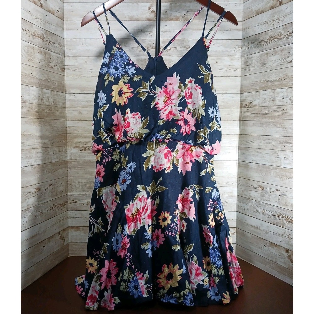 Lulus brand Strappy Sundress, Navy‎ blue with pink floral pattern size M